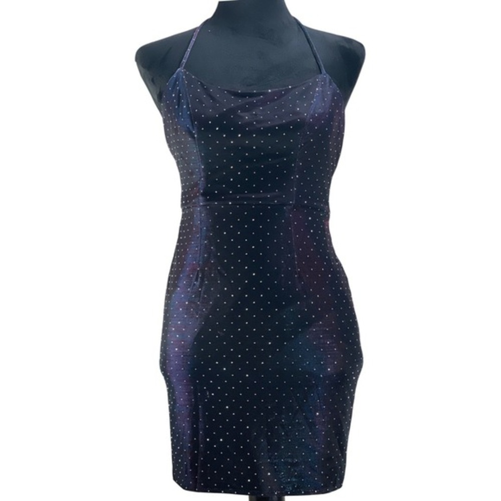 Jules & Cleo Womens SZ 2 Halter Rhinestone Mini Dress Multicolor Metallic‎ Y2K